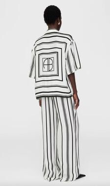$580 Anine Bing Coco Shirt Elain Pant Ivory and Black Stripe Satin Set - XS